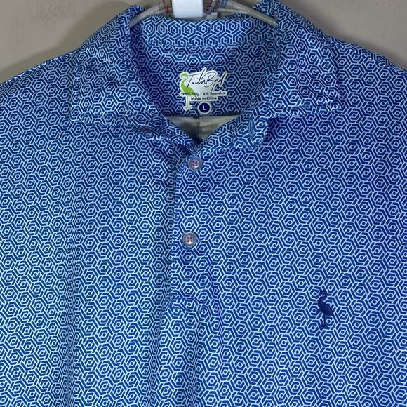 Tailorbyrd Shirt Mens Large Golf Polo Blue Geometric Performance Short Sleeve - Picture 1 of 9